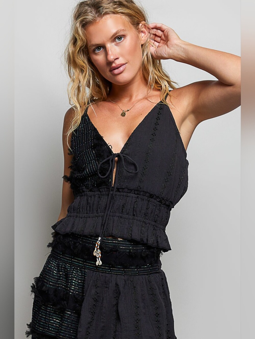 POL V-Neck Cotton Ruffled Crop Cami Top-Black FAST SHIPPING!! - Picture 2 of 8